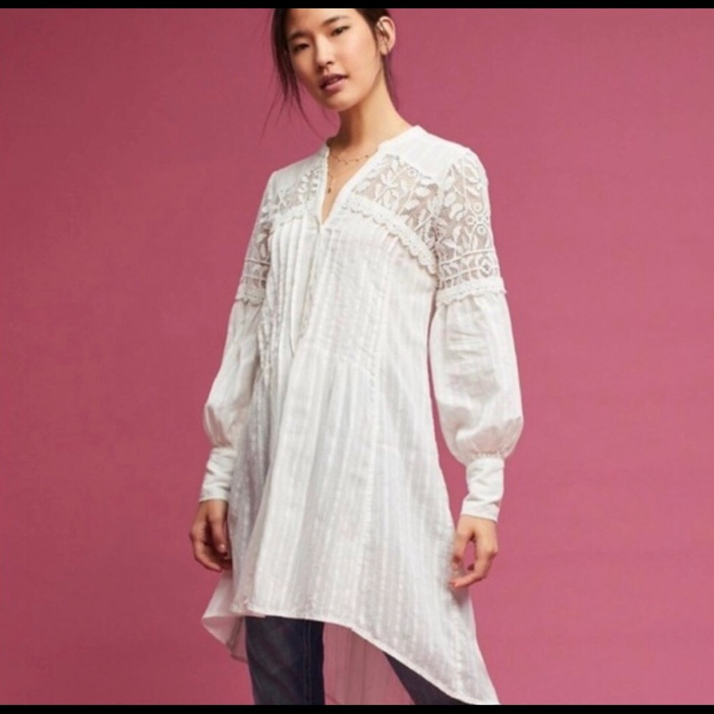 Anthropologie Feather Bone White Lace Long Sleeve Peasant Dress XS